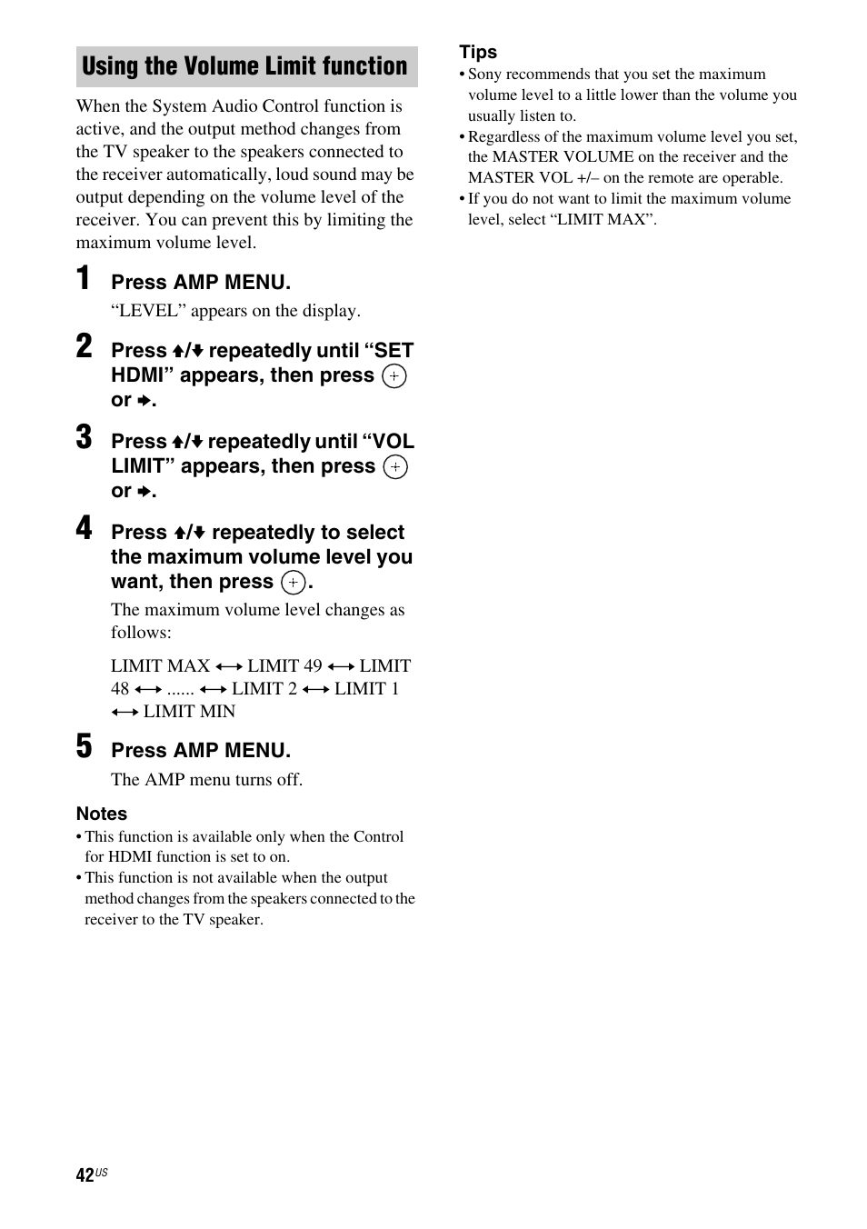 Using the volume limit function | Sony HT-SF370 User Manual | Page 42 / 76