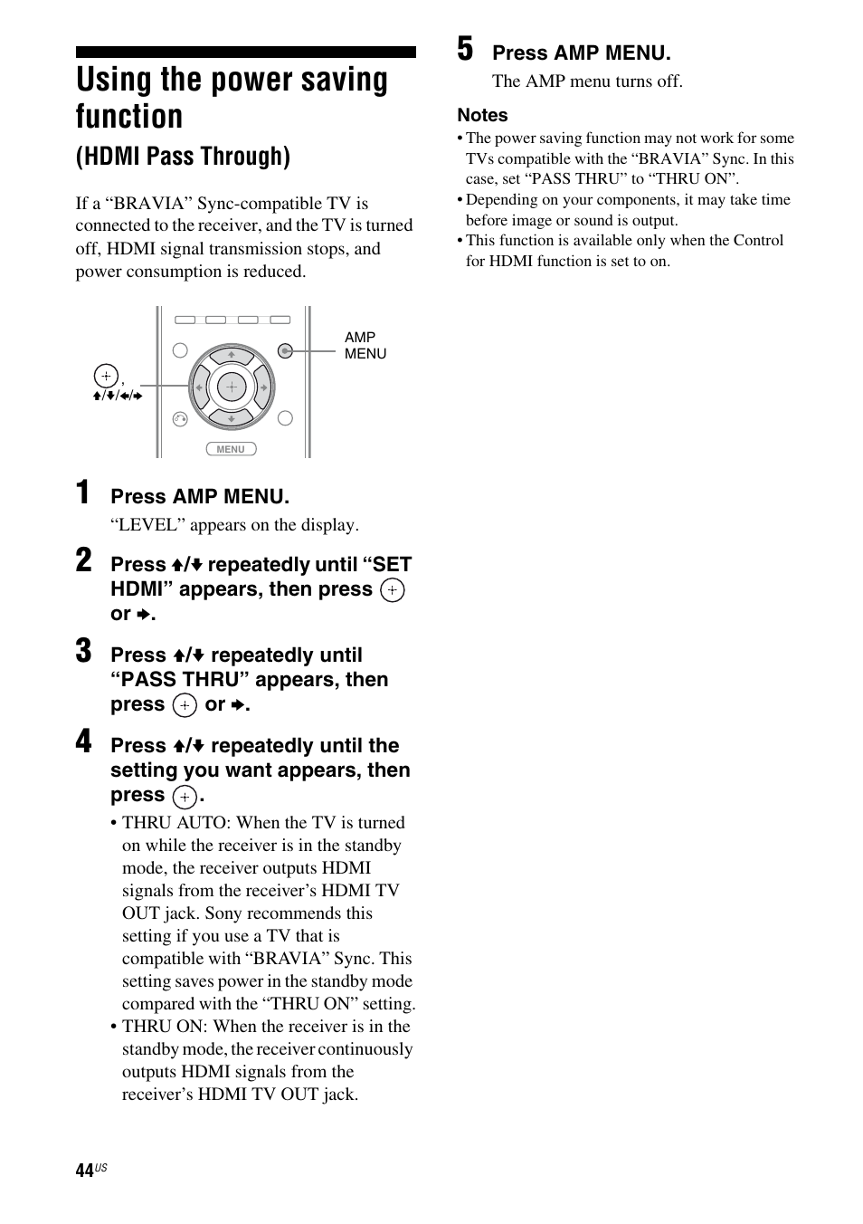Using the power saving function, Hdmi pass through) | Sony HT-SF370 User Manual | Page 44 / 76