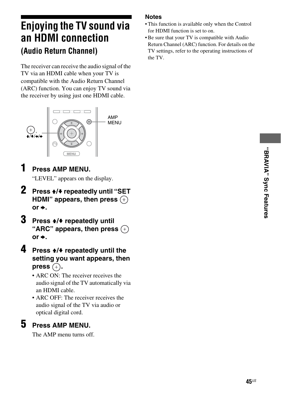 Enjoying the tv sound via an hdmi, Connection (audio return channel), Enjoying the tv sound via an hdmi connection | Audio return channel) | Sony HT-SF370 User Manual | Page 45 / 76
