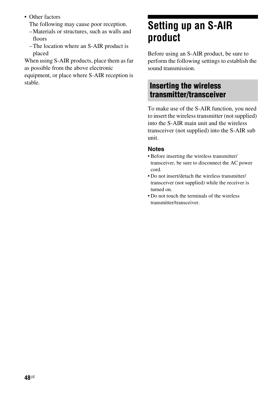 Setting up an s-air product, Inserting the wireless transmitter/transceiver | Sony HT-SF370 User Manual | Page 48 / 76