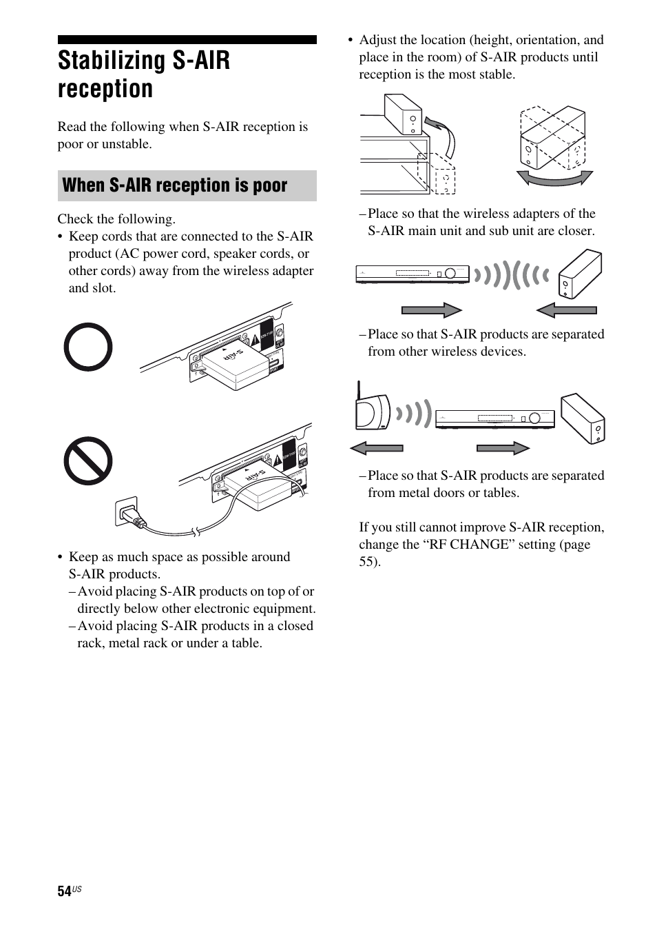Stabilizing s-air reception, When s-air reception is poor | Sony HT-SF370 User Manual | Page 54 / 76