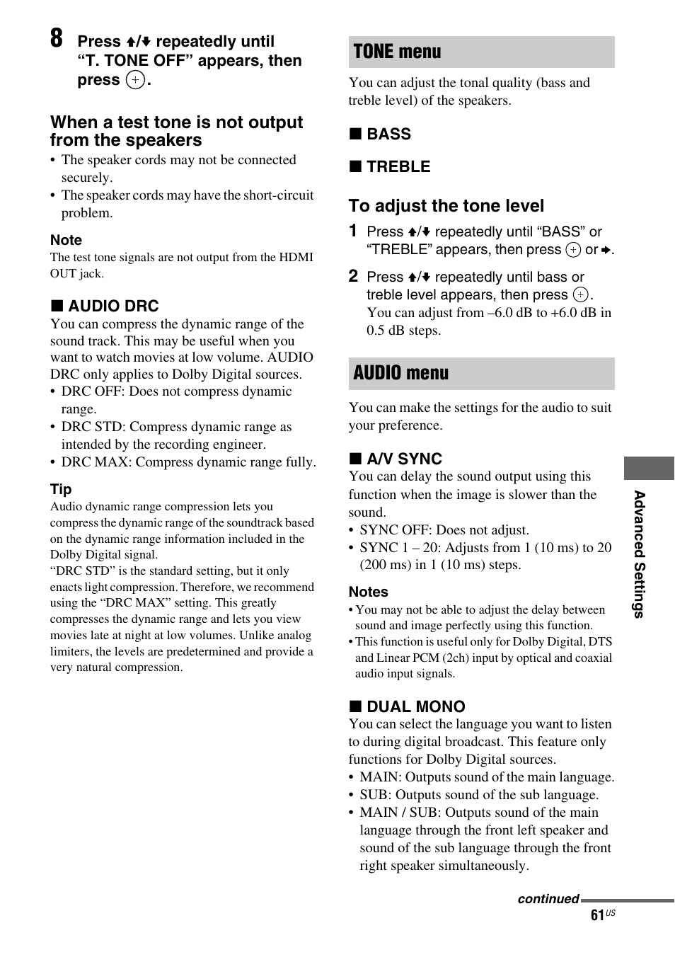 Tone menu audio menu | Sony HT-SF370 User Manual | Page 61 / 76