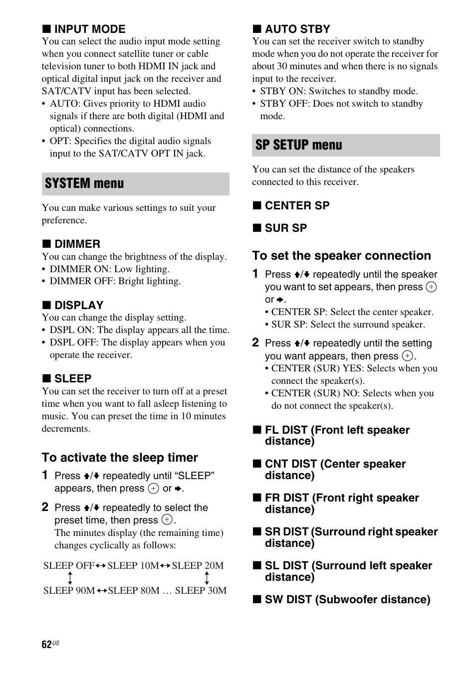 System menu, Sp setup menu | Sony HT-SF370 User Manual | Page 62 / 76