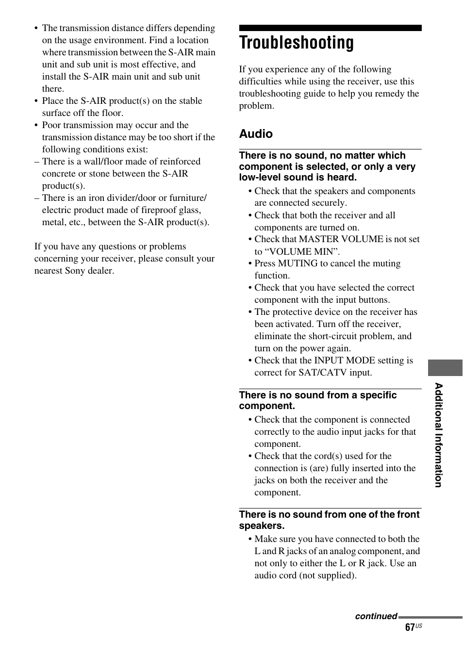 Troubleshooting | Sony HT-SF370 User Manual | Page 67 / 76