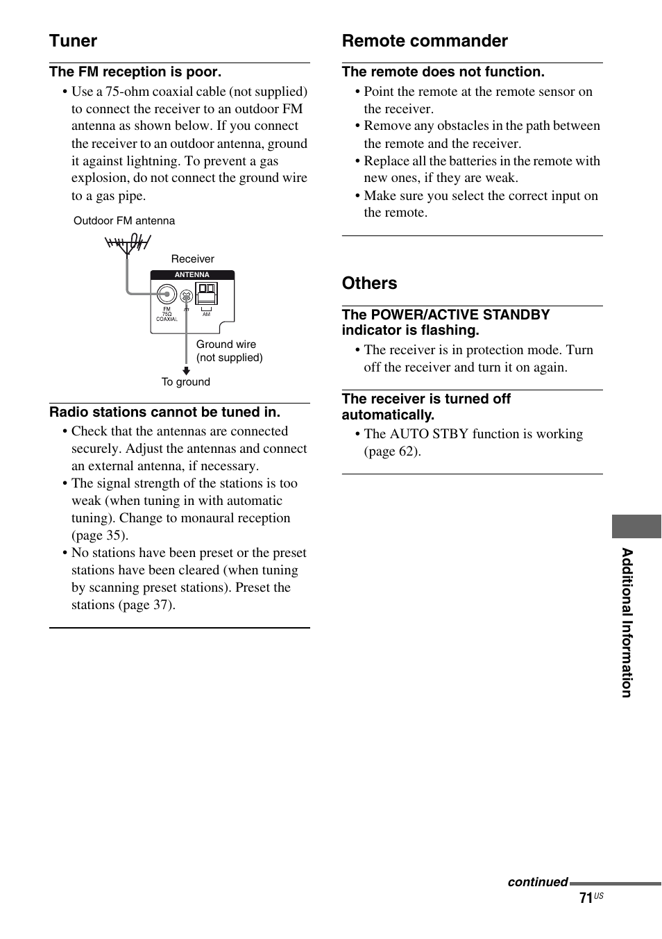 Tuner, Remote commander, Others | Sony HT-SF370 User Manual | Page 71 / 76