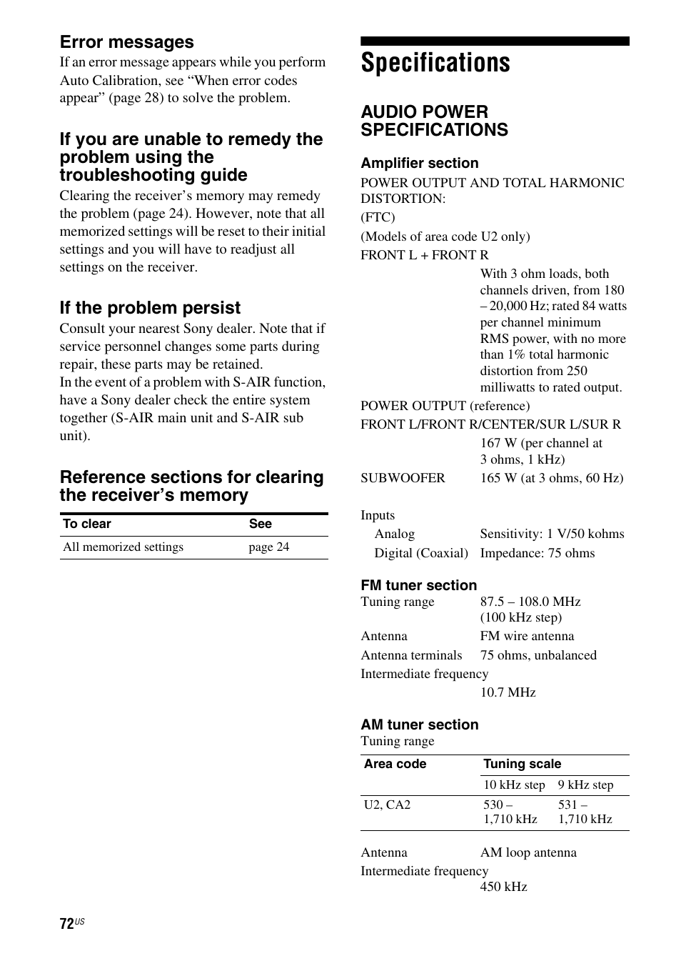 Specifications, Error messages, If the problem persist | Audio power specifications | Sony HT-SF370 User Manual | Page 72 / 76