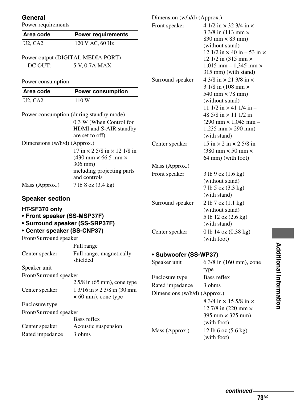 Sony HT-SF370 User Manual | Page 73 / 76