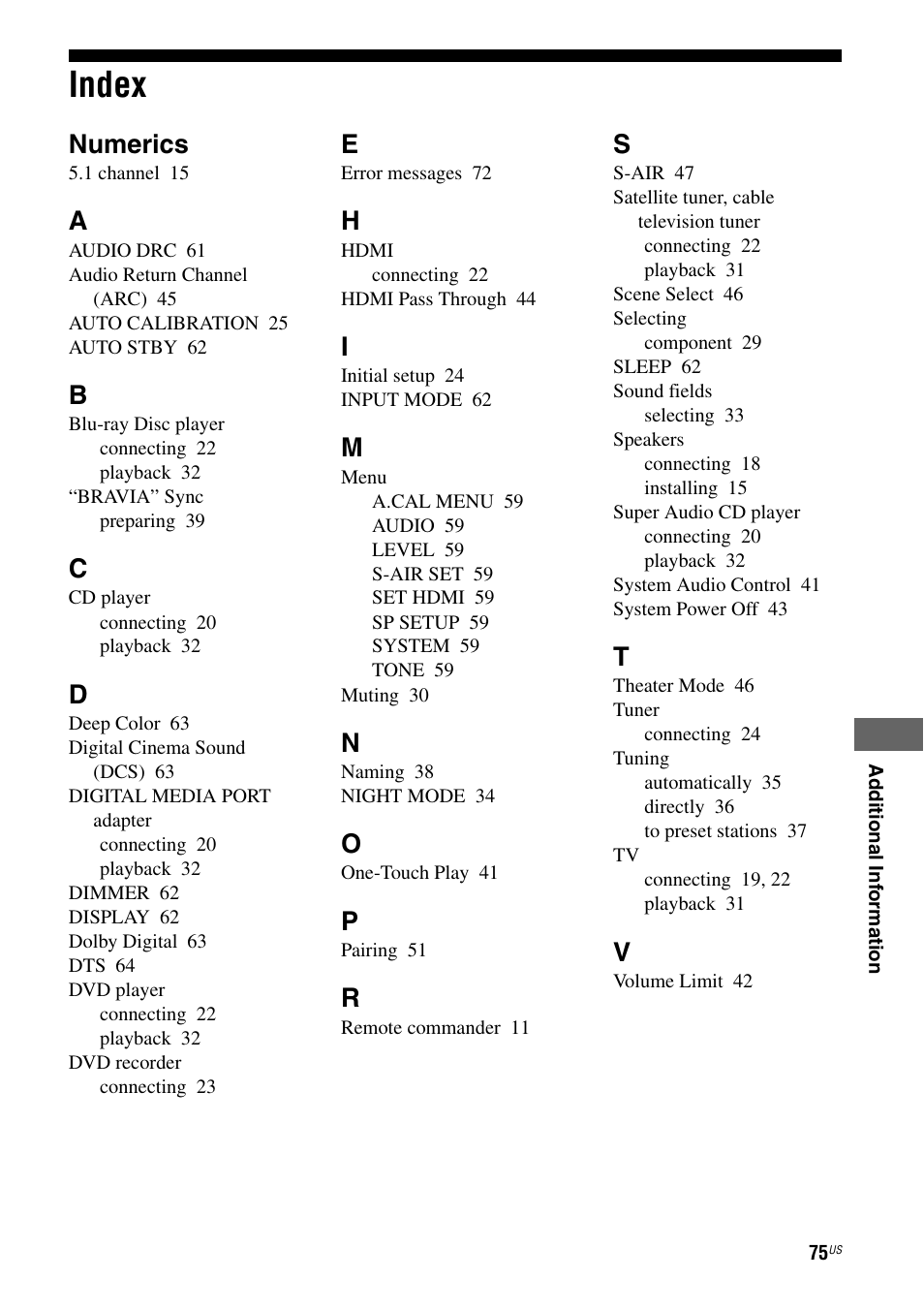 Index, Numerics | Sony HT-SF370 User Manual | Page 75 / 76