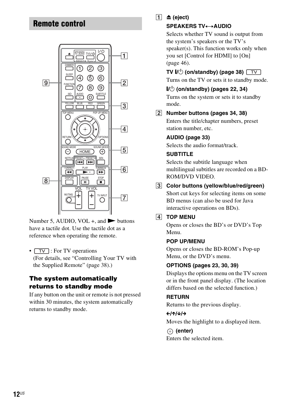 Remote control, The system automatically returns to standby mode, Turns on the tv or sets it to standby mode | Turns on the system or sets it to standby mode, Selects the audio format/track, Opens or closes the bd’s or dvd’s top menu, Returns to the previous display, Moves the highlight to a displayed item, Enters the selected item | Sony Blu-Ray Disc / DVD Home Theater System BDV-N790W User Manual | Page 12 / 64