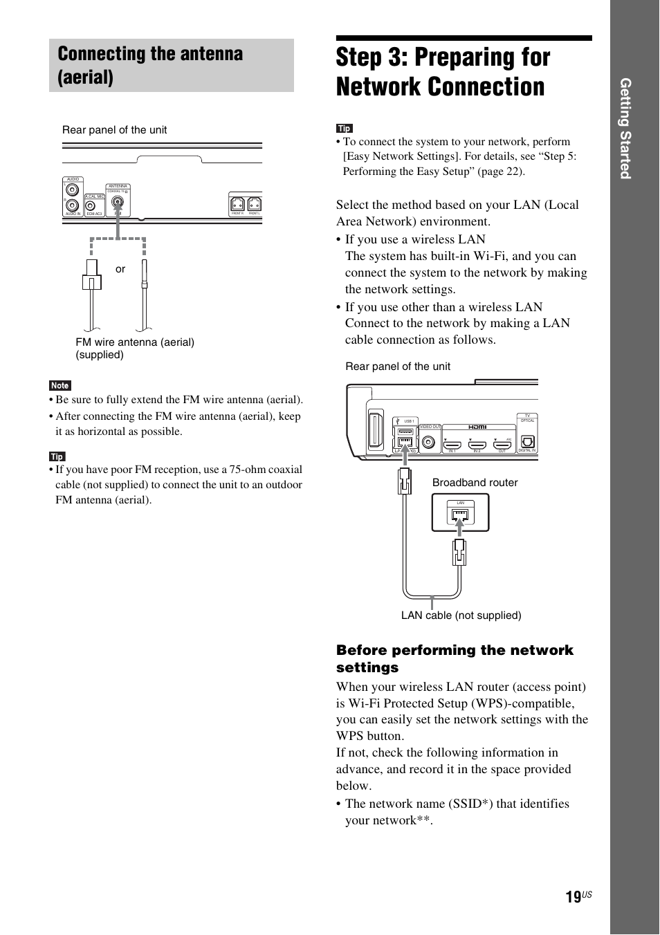 Connecting the antenna (aerial), Step 3: preparing for network connection, Connecting the antenna | Aerial), Step 3: preparing for network, Connection, E 19), Ge tting star te d, Before performing the network settings | Sony Blu-Ray Disc / DVD Home Theater System BDV-N790W User Manual | Page 19 / 64