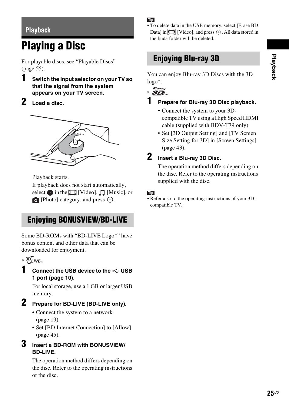 Playback, Playing a disc, Enjoying bonusview/bd-live | Enjoying blu-ray 3d, E 25), Es 25, Enjoying bonusview/bd-live enjoying blu-ray 3d | Sony Blu-Ray Disc / DVD Home Theater System BDV-N790W User Manual | Page 25 / 64