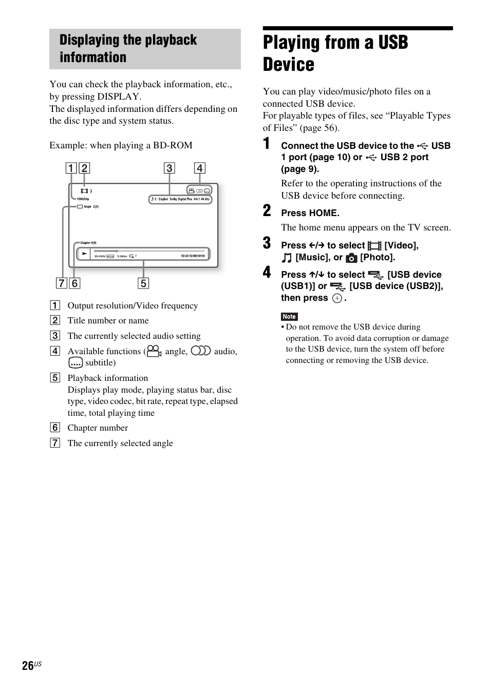 Displaying the playback information, Playing from a usb device, E 26) | Sony Blu-Ray Disc / DVD Home Theater System BDV-N790W User Manual | Page 26 / 64