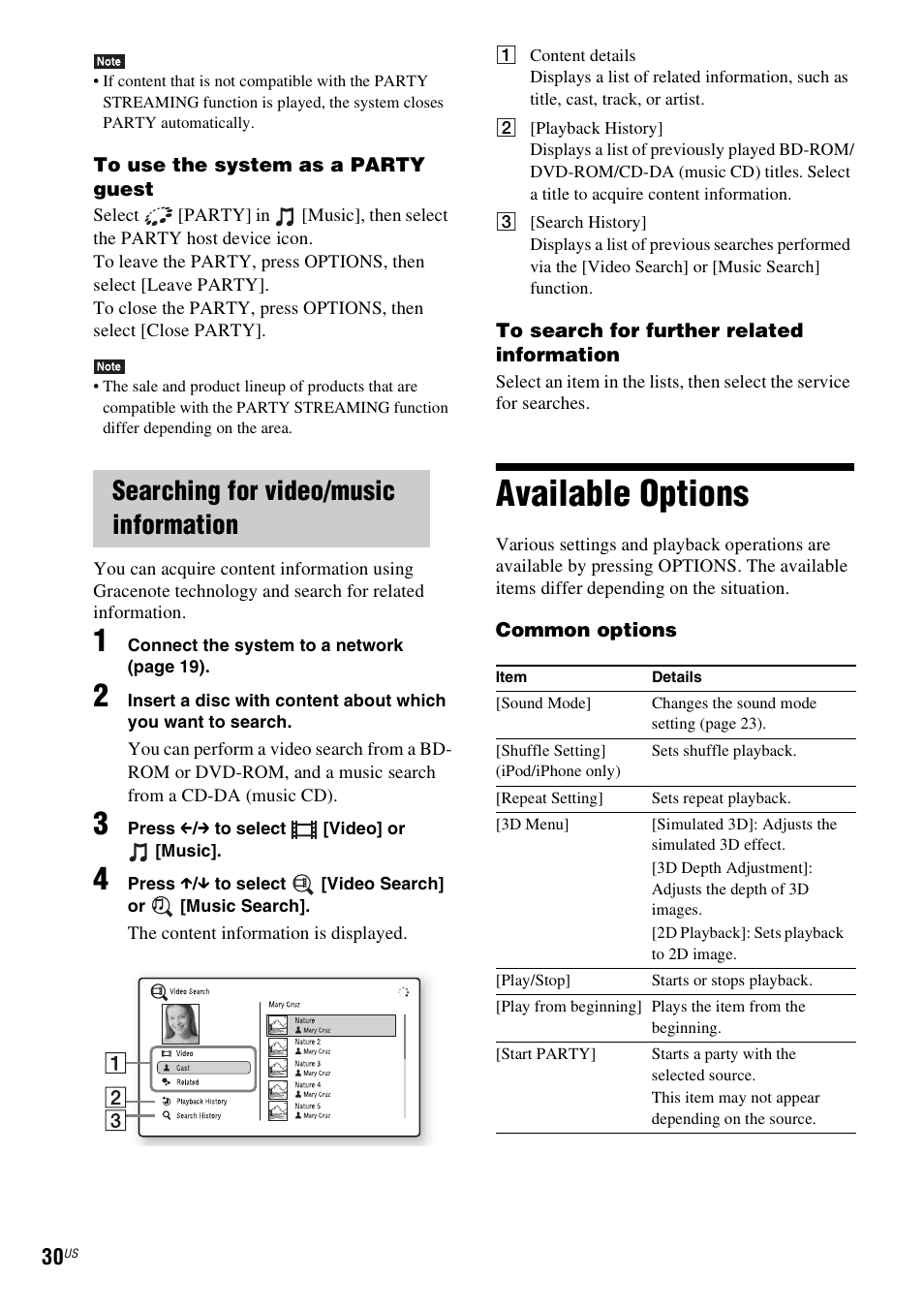 Searching for video/music information, Available options | Sony Blu-Ray Disc / DVD Home Theater System BDV-N790W User Manual | Page 30 / 64
