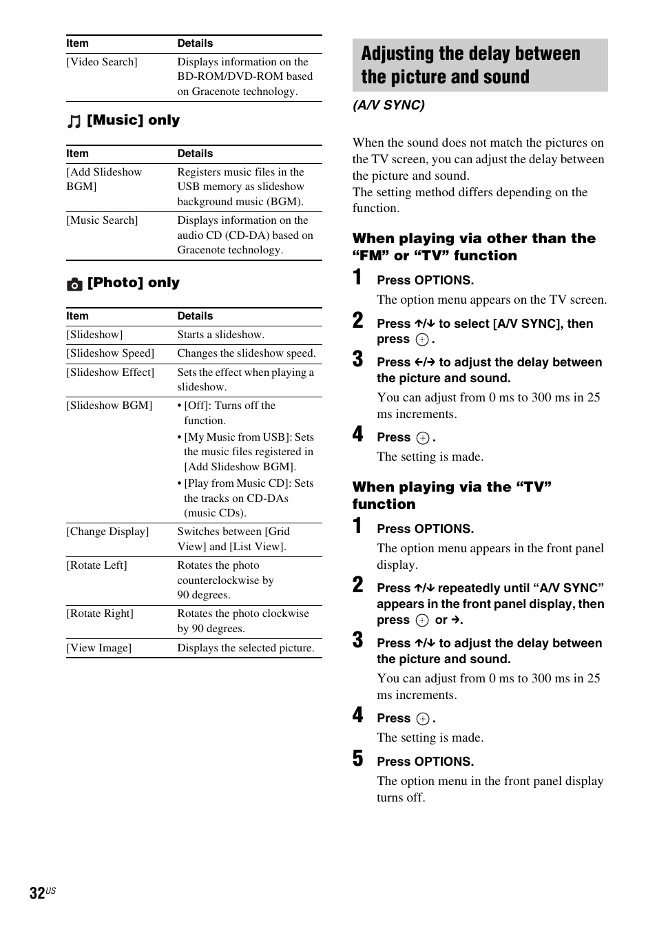 Adjusting the delay between the picture and sound | Sony Blu-Ray Disc / DVD Home Theater System BDV-N790W User Manual | Page 32 / 64