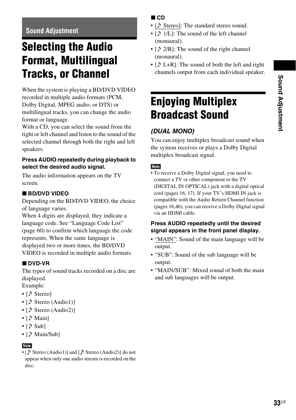 Sound adjustment, Enjoying multiplex broadcast sound, Selecting the audio format, multilingual | Tracks, or channel, Enjoying multiplex broadcast, Sound | Sony Blu-Ray Disc / DVD Home Theater System BDV-N790W User Manual | Page 33 / 64