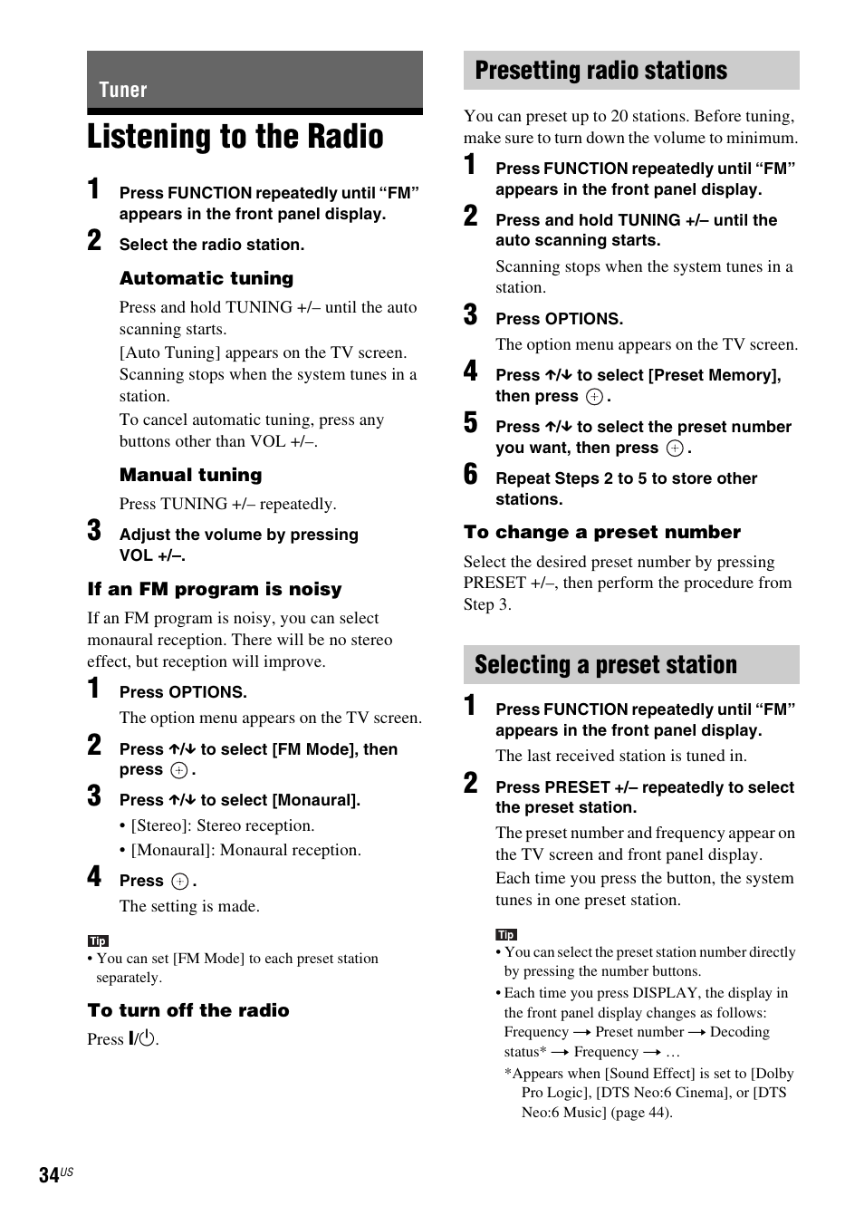 Tuner, Listening to the radio, Presetting radio stations | Selecting a preset station, E 34) | Sony Blu-Ray Disc / DVD Home Theater System BDV-N790W User Manual | Page 34 / 64
