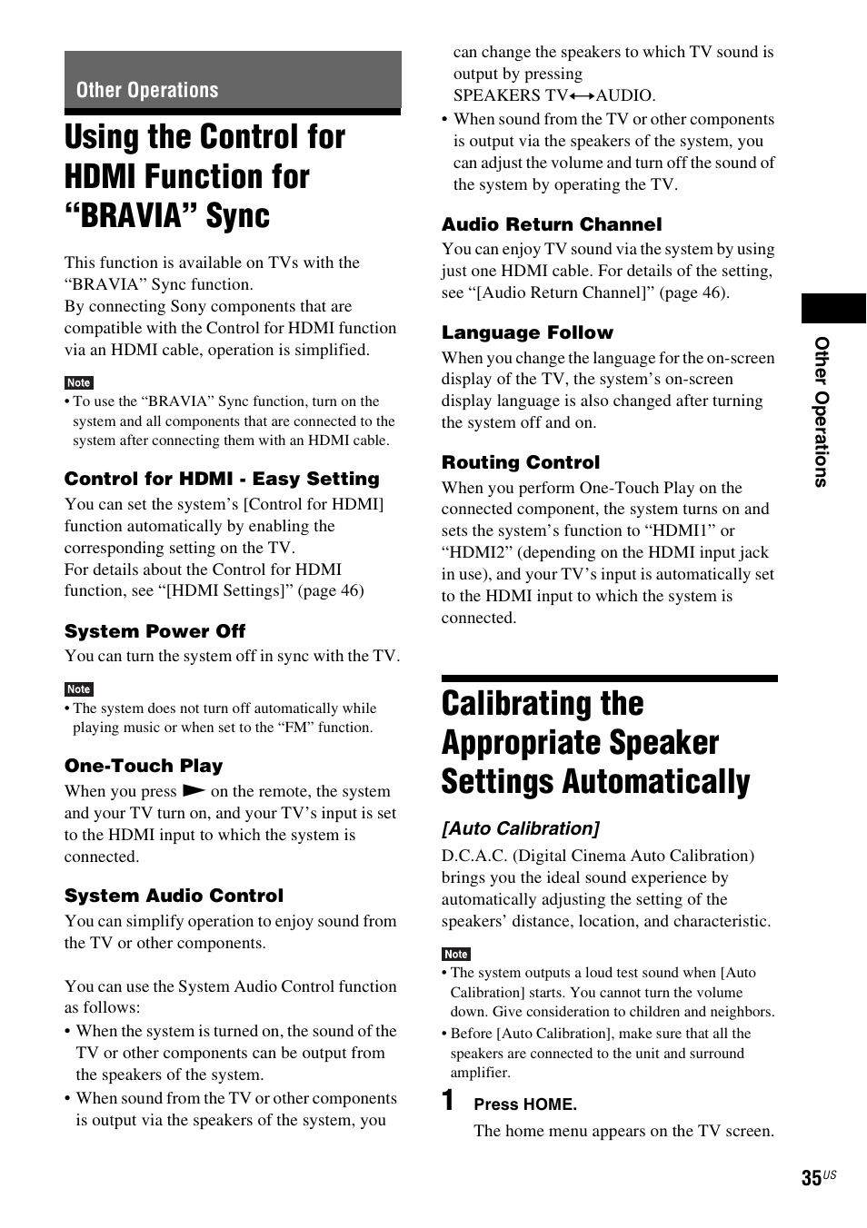 Other operations, Using the control for hdmi function for, Bravia” sync | Calibrating the appropriate speaker, Settings automatically | Sony Blu-Ray Disc / DVD Home Theater System BDV-N790W User Manual | Page 35 / 64