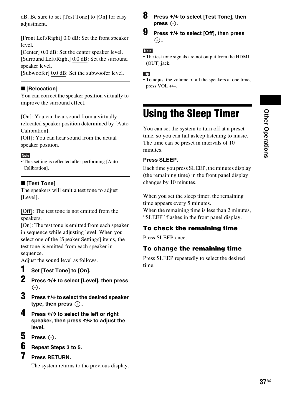 Using the sleep timer | Sony Blu-Ray Disc / DVD Home Theater System BDV-N790W User Manual | Page 37 / 64
