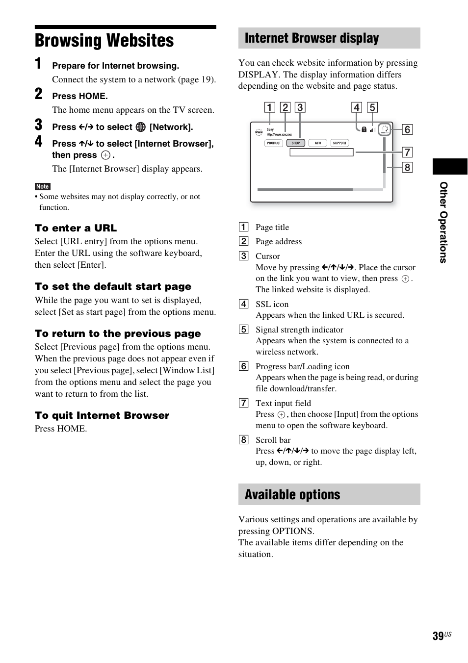 Browsing websites, Internet browser display, Available options | Internet browser display available options | Sony Blu-Ray Disc / DVD Home Theater System BDV-N790W User Manual | Page 39 / 64