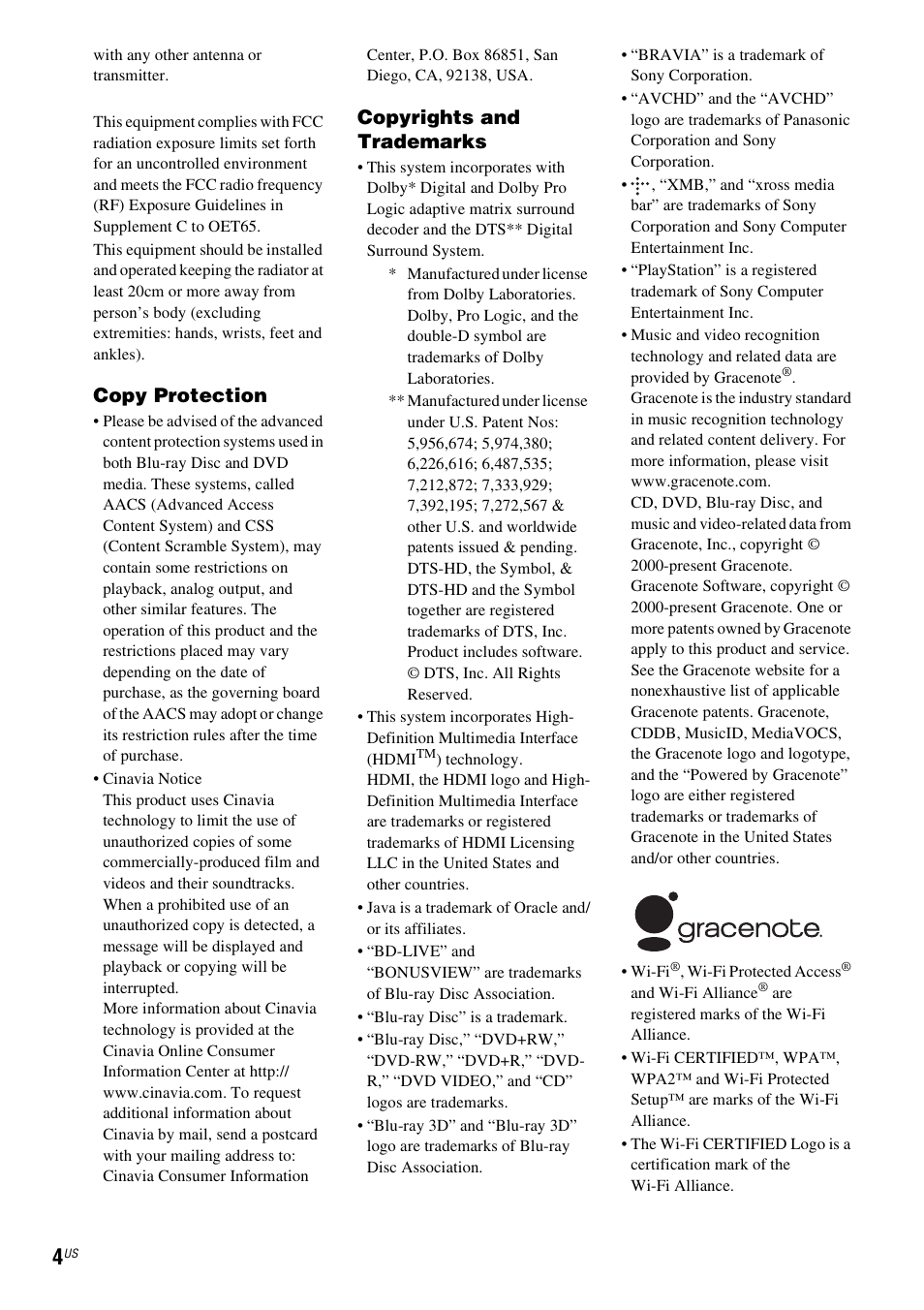Copy protection, Copyrights and trademarks | Sony Blu-Ray Disc / DVD Home Theater System BDV-N790W User Manual | Page 4 / 64