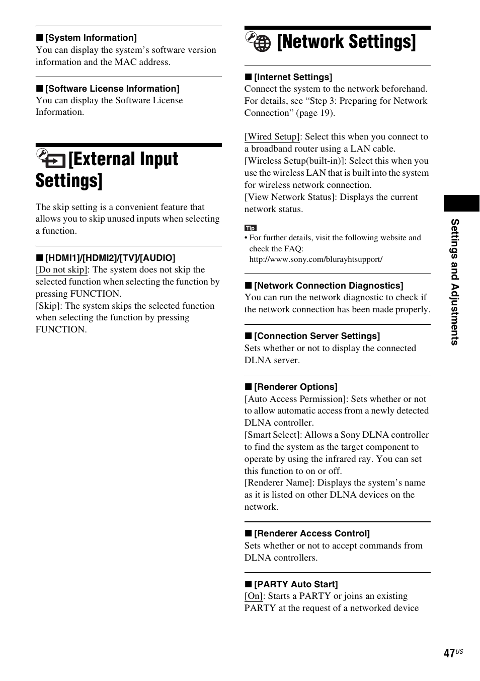 External input settings, Network settings, External input settings] [network settings | Sony Blu-Ray Disc / DVD Home Theater System BDV-N790W User Manual | Page 47 / 64