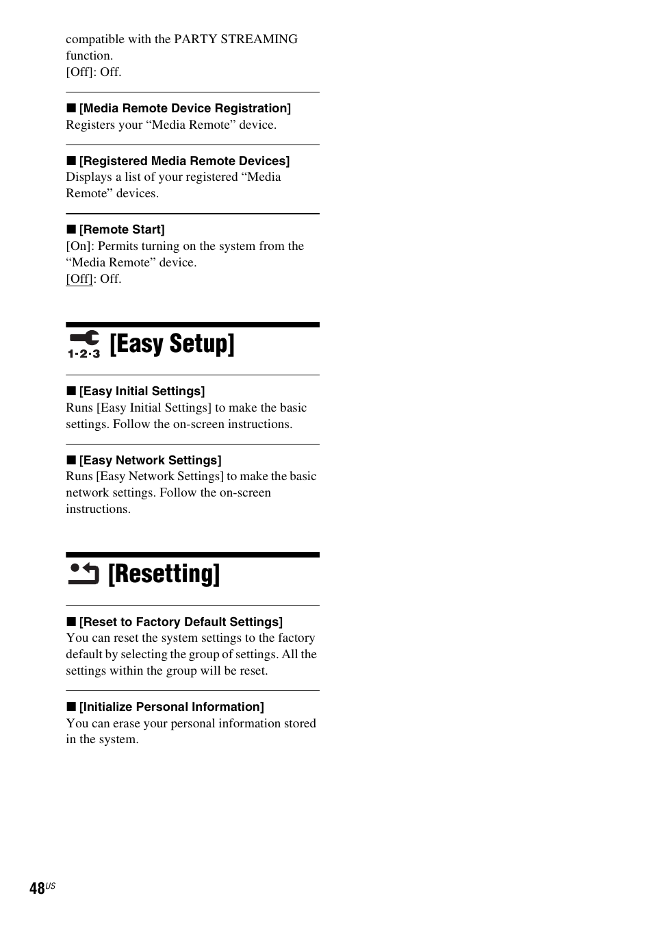 Easy setup, Resetting, Easy setup] [resetting | Sony Blu-Ray Disc / DVD Home Theater System BDV-N790W User Manual | Page 48 / 64