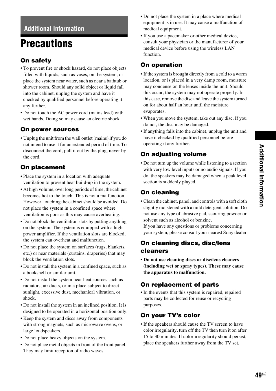 Additional information, Precautions | Sony Blu-Ray Disc / DVD Home Theater System BDV-N790W User Manual | Page 49 / 64