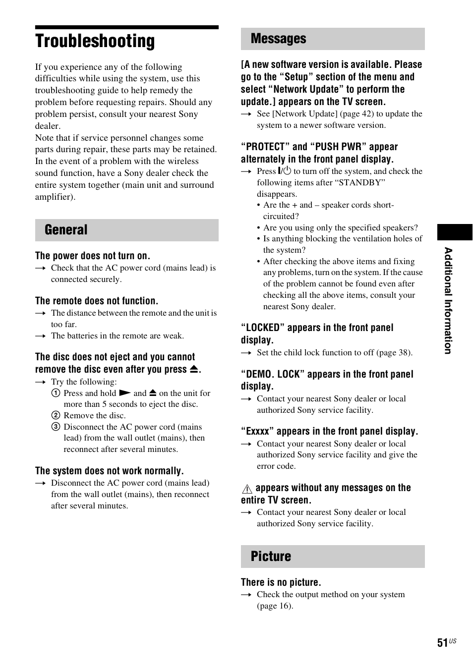 Troubleshooting, General, Messages | Picture, General messages picture | Sony Blu-Ray Disc / DVD Home Theater System BDV-N790W User Manual | Page 51 / 64