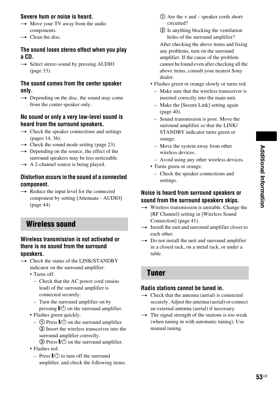 Wireless sound, Tuner, Wireless sound tuner | Sony Blu-Ray Disc / DVD Home Theater System BDV-N790W User Manual | Page 53 / 64