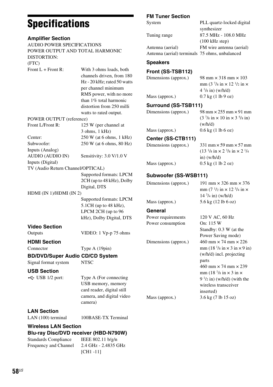 Specifications | Sony Blu-Ray Disc / DVD Home Theater System BDV-N790W User Manual | Page 58 / 64