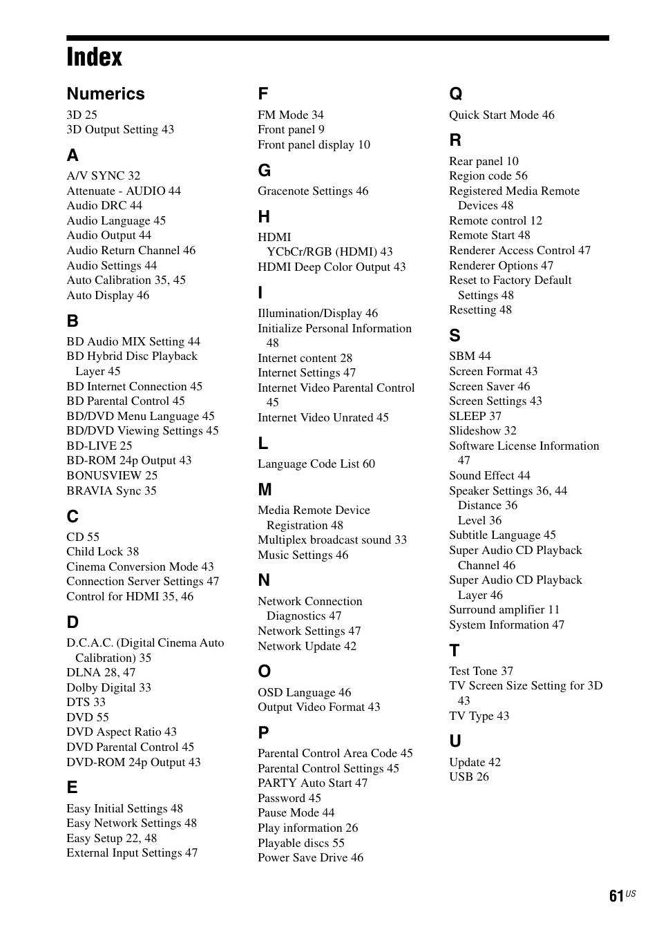 Index, Numerics | Sony Blu-Ray Disc / DVD Home Theater System BDV-N790W User Manual | Page 61 / 64