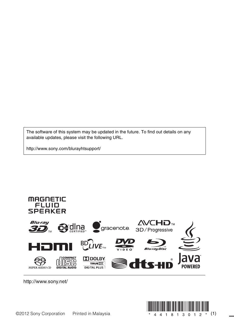 Sony Blu-Ray Disc / DVD Home Theater System BDV-N790W User Manual | Page 64 / 64