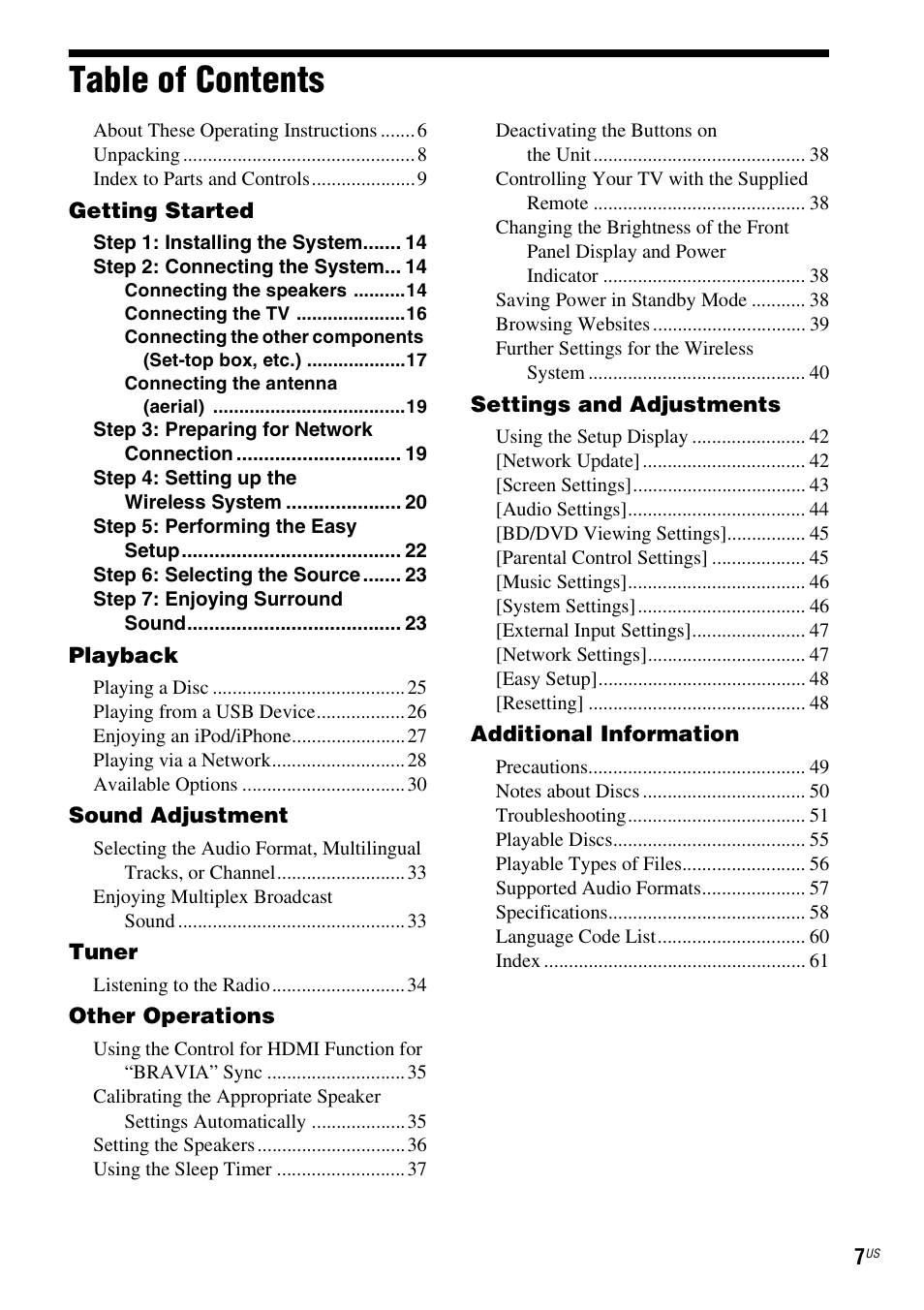 Sony Blu-Ray Disc / DVD Home Theater System BDV-N790W User Manual | Page 7 / 64