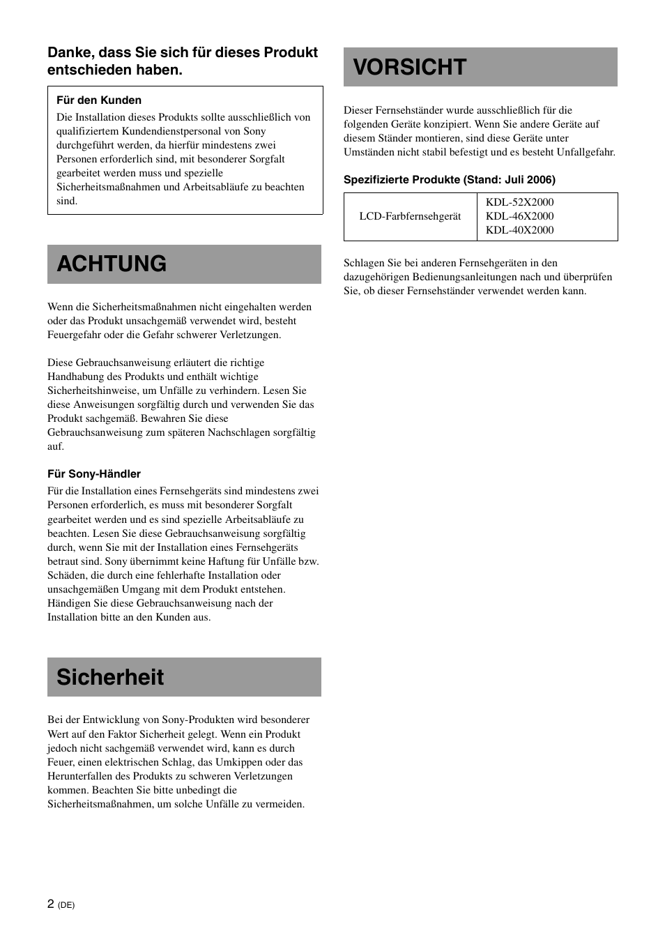 Achtung, Sicherheit, Vorsicht | Achtung sicherheit vorsicht | Sony SU-FL61 User Manual | Page 102 / 211