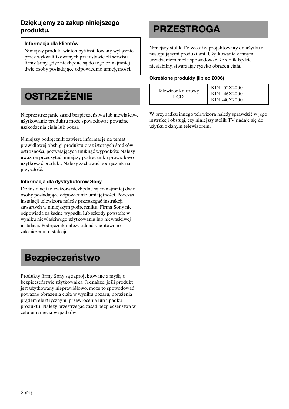 Ostrzeżenie, Bezpieczeństwo, Przestroga | Ostrzeżenie bezpieczeństwo przestroga | Sony SU-FL61 User Manual | Page 142 / 211