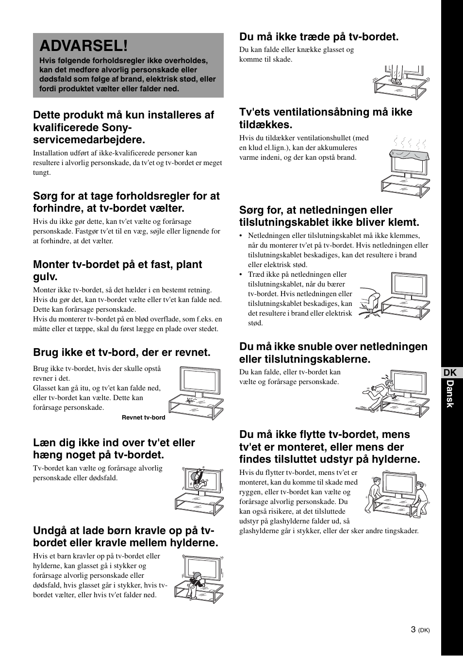 Advarsel, Monter tv-bordet på et fast, plant gulv, Du må ikke træde på tv-bordet | Tv'ets ventilationsåbning må ikke tildækkes | Sony SU-FL61 User Manual | Page 53 / 211