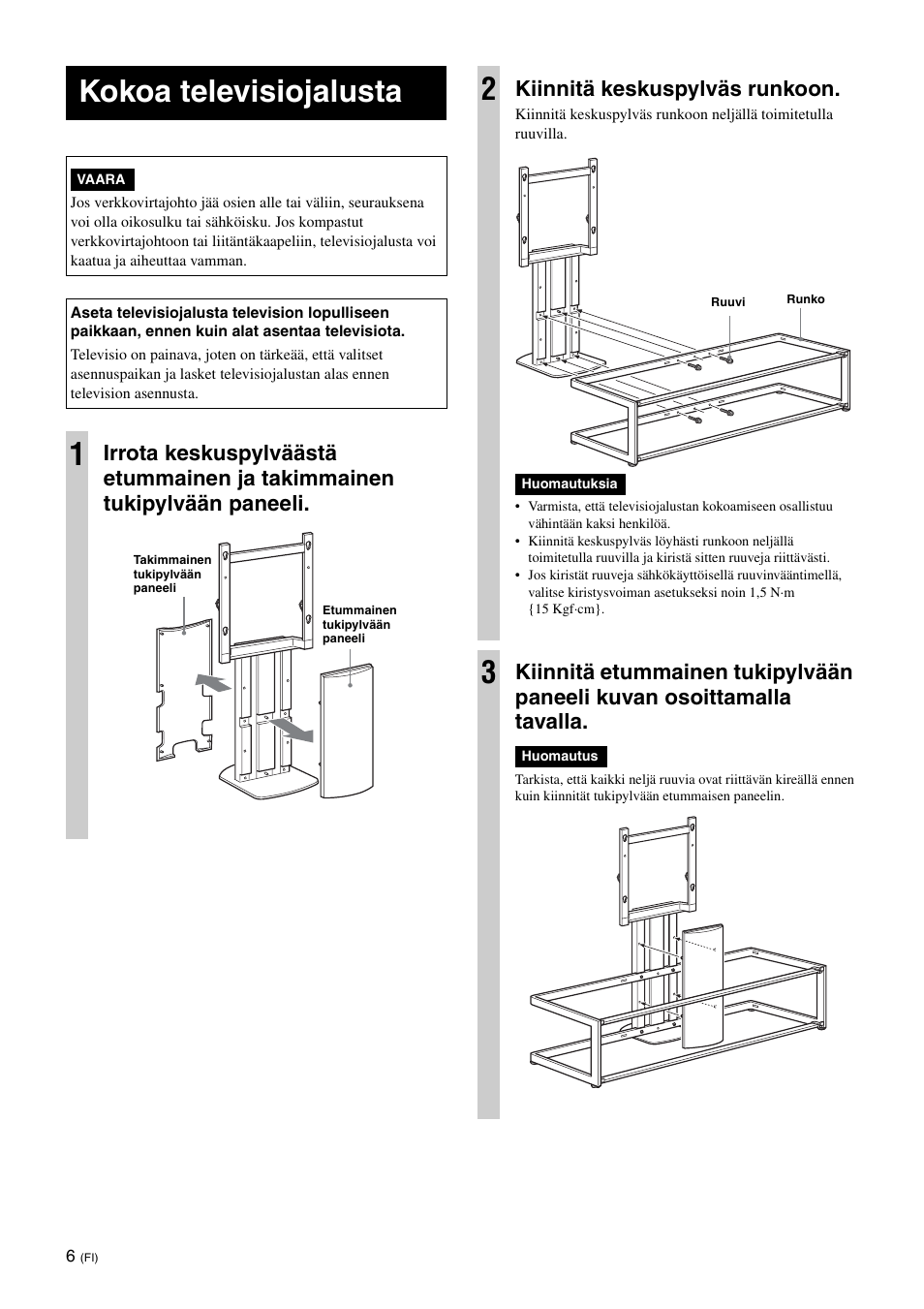 Kokoa televisiojalusta, Kiinnitä keskuspylväs runkoon | Sony SU-FL61 User Manual | Page 86 / 211