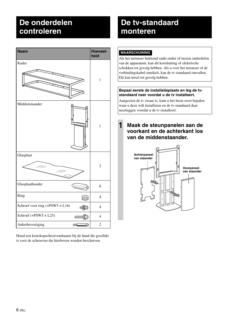 De onderdelen controleren, De tv-standaard monteren | Sony SU-FL61 User Manual | Page 96 / 211
