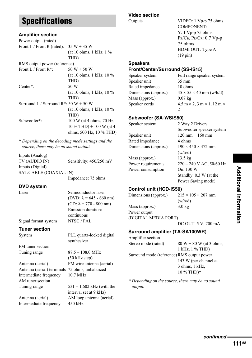 Specifications | Sony 3-299-549-12(1) User Manual | Page 111 / 127