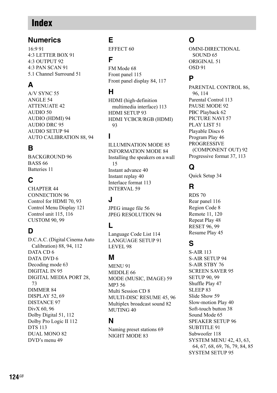 Index, Numerics | Sony 3-299-549-12(1) User Manual | Page 124 / 127