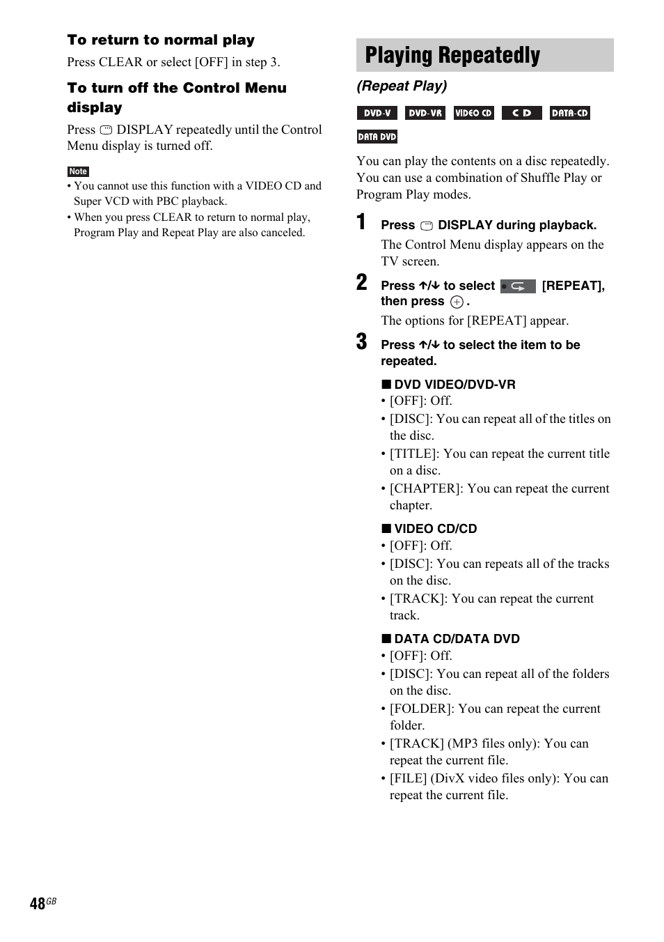 Playing repeatedly, Repeat play) | Sony 3-299-549-12(1) User Manual | Page 48 / 127