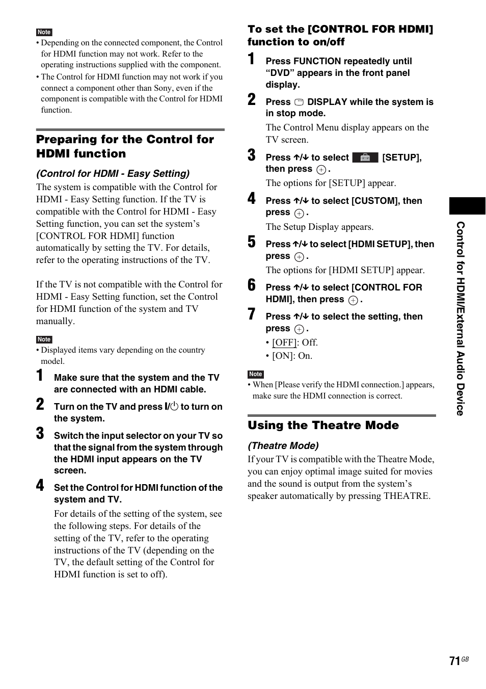 Control for hdmi - easy setting), Theatre mode) | Sony 3-299-549-12(1) User Manual | Page 71 / 127