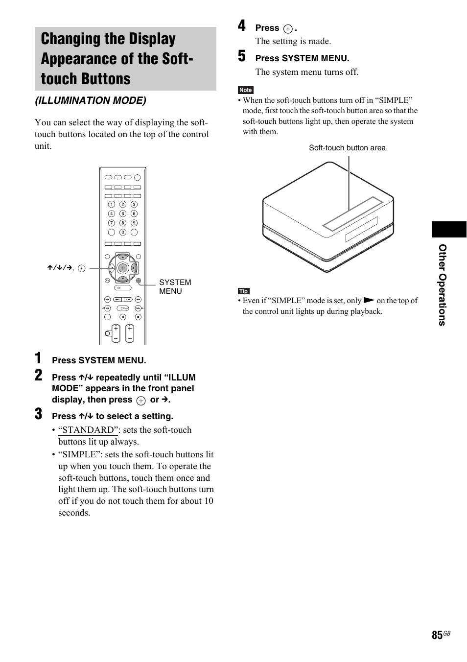 Illumination mode), Changing the display appearance, Of the soft-touch buttons (illumination mode) | Sony 3-299-549-12(1) User Manual | Page 85 / 127