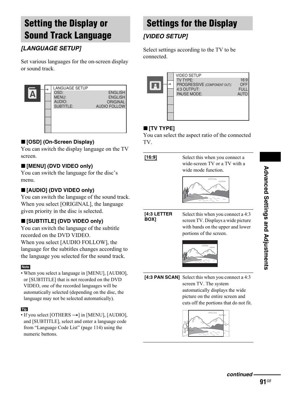 Setting the display or sound track language, Language setup, Settings for the display | Video setup, Setting the display or sound track, Language [language setup | Sony 3-299-549-12(1) User Manual | Page 91 / 127