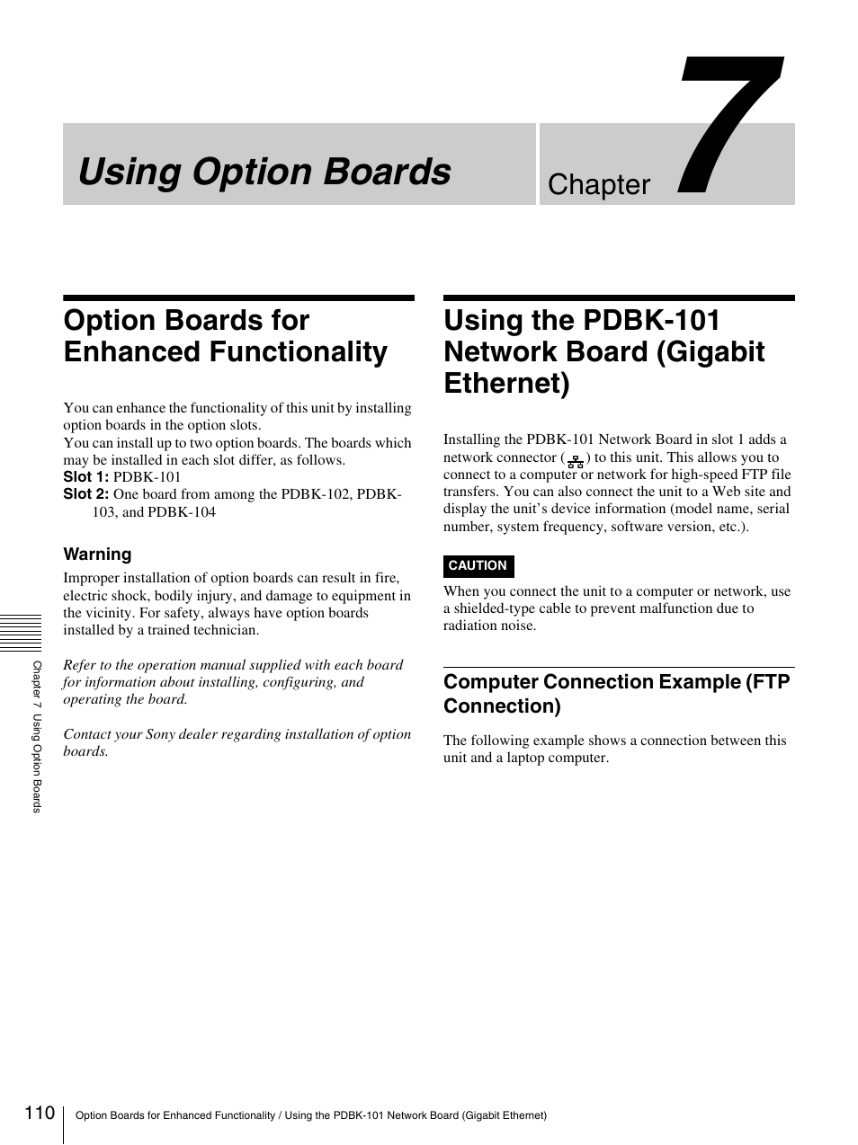 Chapter 7 using option boards, Option boards for enhanced functionality, Computer connection example (ftp connection) | Using option boards, Chapter | Sony 3-270-589-12 (1) User Manual | Page 110 / 135