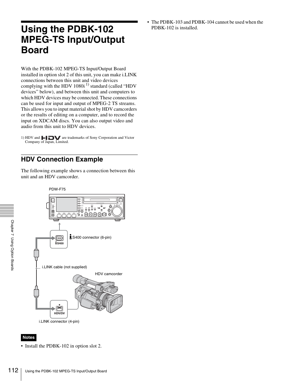 Using the pdbk-102 mpeg-ts input/output board, Hdv connection example, Mark1 | Out in mark2, Network local remote, Rec variable preset pb | Sony 3-270-589-12 (1) User Manual | Page 112 / 135