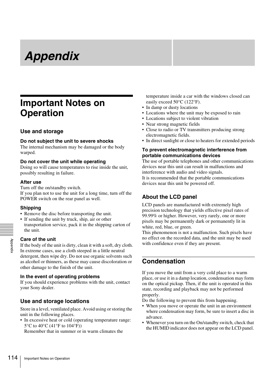 Appendix, Important notes on operation, Condensation | Sony 3-270-589-12 (1) User Manual | Page 114 / 135