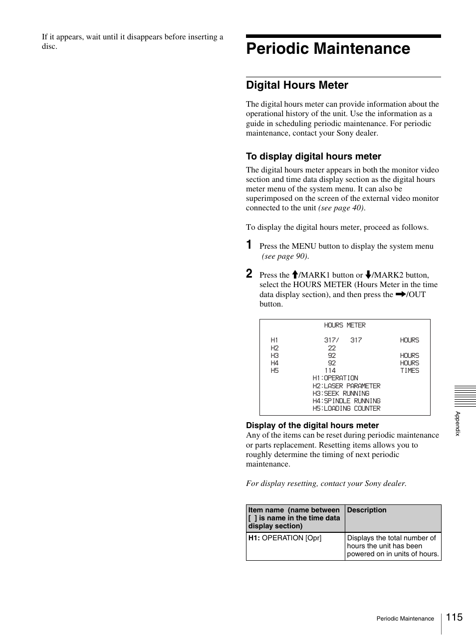 Periodic maintenance, Digital hours meter | Sony 3-270-589-12 (1) User Manual | Page 115 / 135