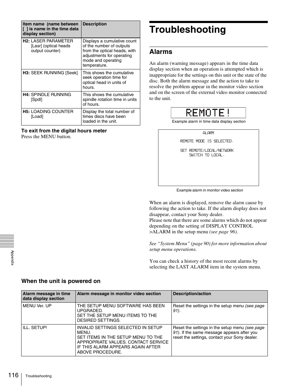 Troubleshooting, Alarms, When the unit is powered on | Sony 3-270-589-12 (1) User Manual | Page 116 / 135