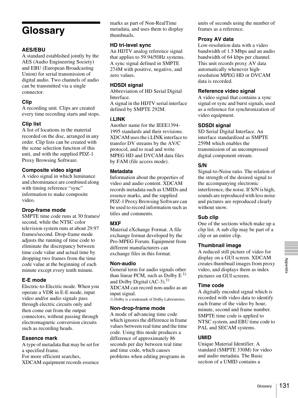 Glossary | Sony 3-270-589-12 (1) User Manual | Page 131 / 135